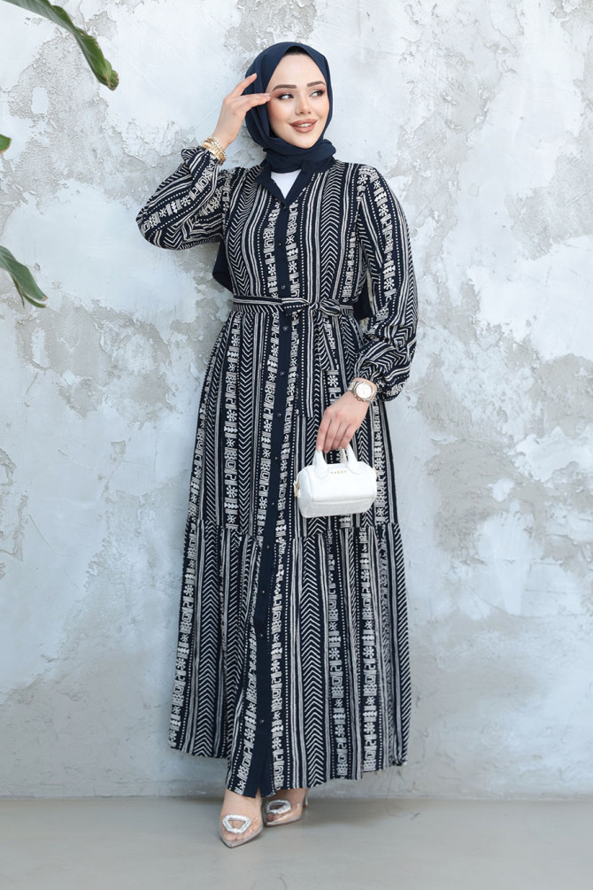 Desenli Lacivert Tesettür Elbise 23921L - 1