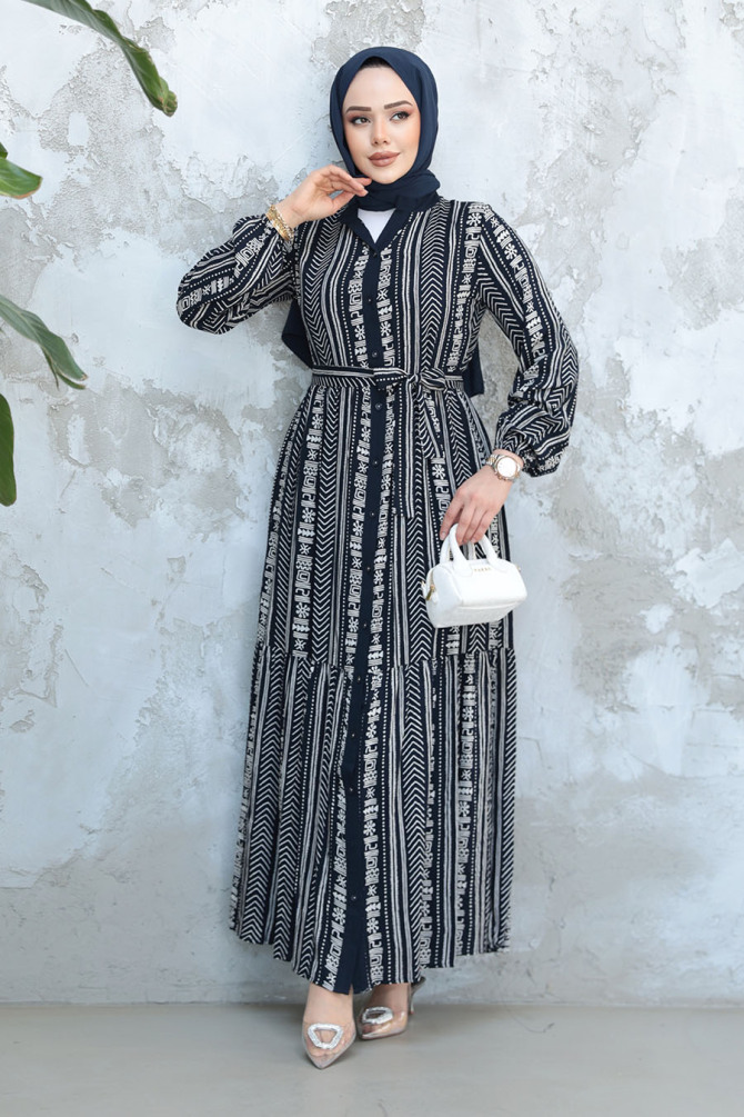 Desenli Lacivert Tesettür Elbise 23921L - 2