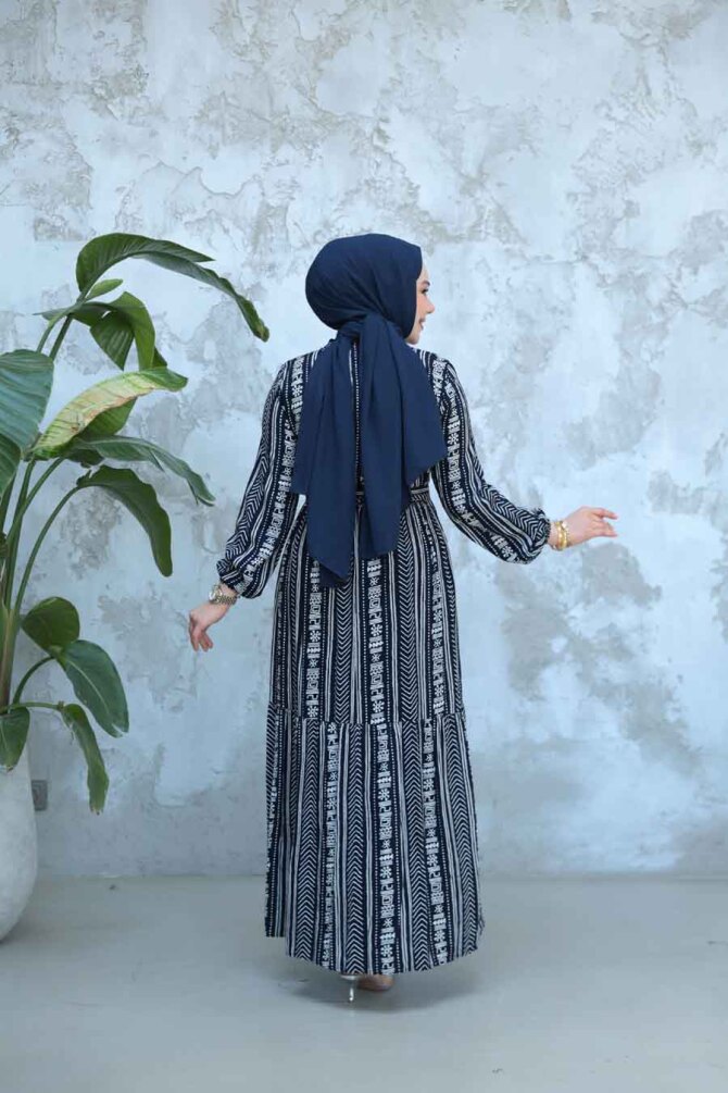 Desenli Lacivert Tesettür Elbise 23921L - 3