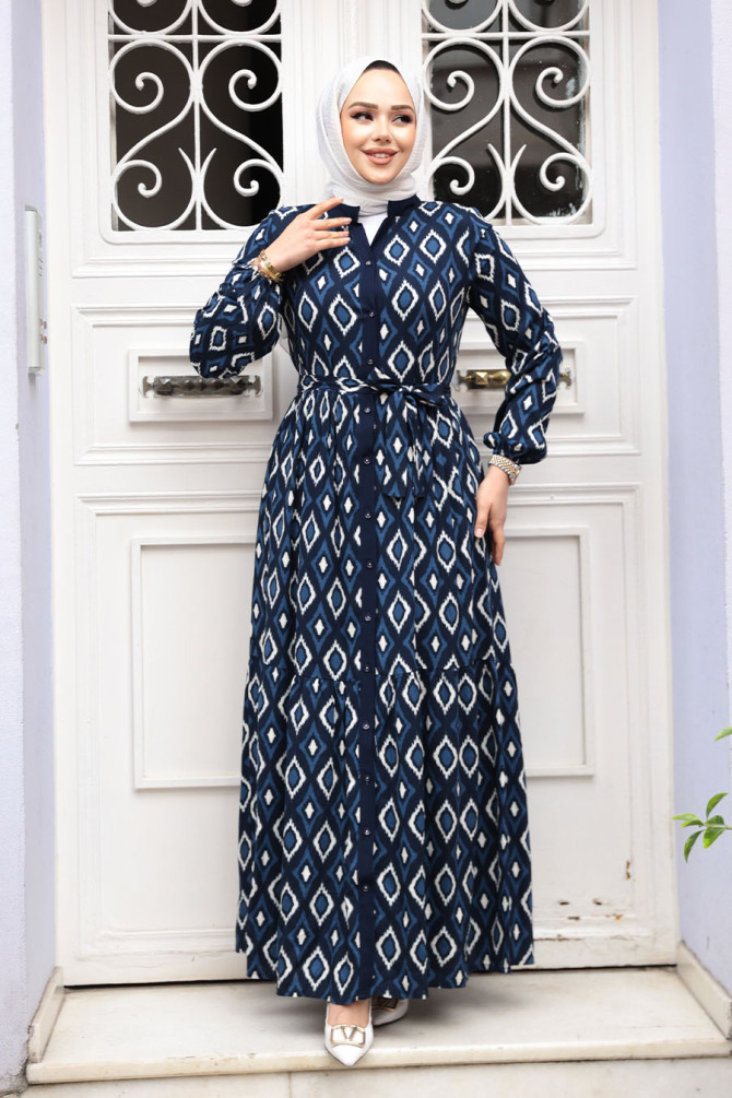 Desenli Lacivert Tesettür Elbise 23924L - 2