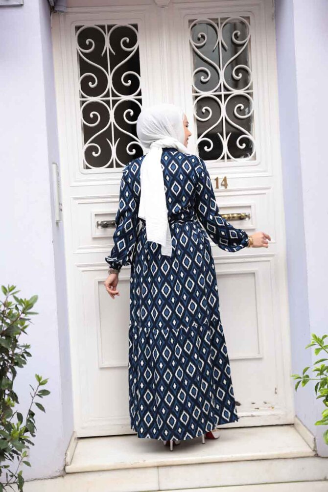Desenli Lacivert Tesettür Elbise 23924L - 3