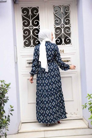 Desenli Lacivert Tesettür Elbise 23924L - 3