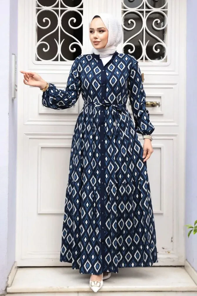 Desenli Lacivert Tesettür Elbise 23924L - 1
