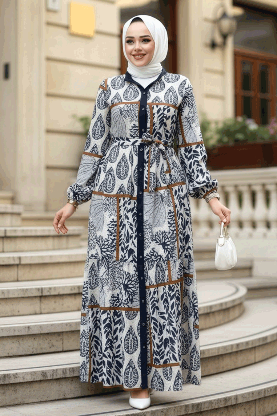 Desenli Lacivert Tesettür Elbise 23928L