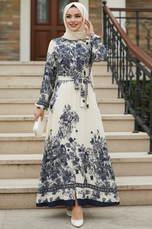 Desenli Lacivert Tesettür Elbise 24086L - N.S NEVA STYLE