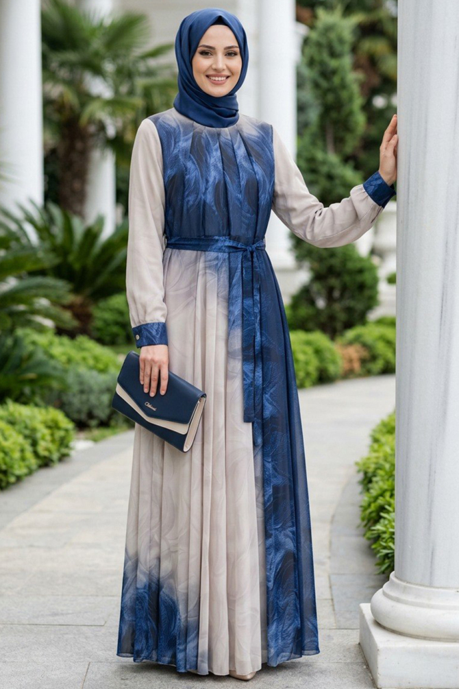 Desenli Lacivert Tesettür Elbise 25081L - N.S NEVA STYLE
