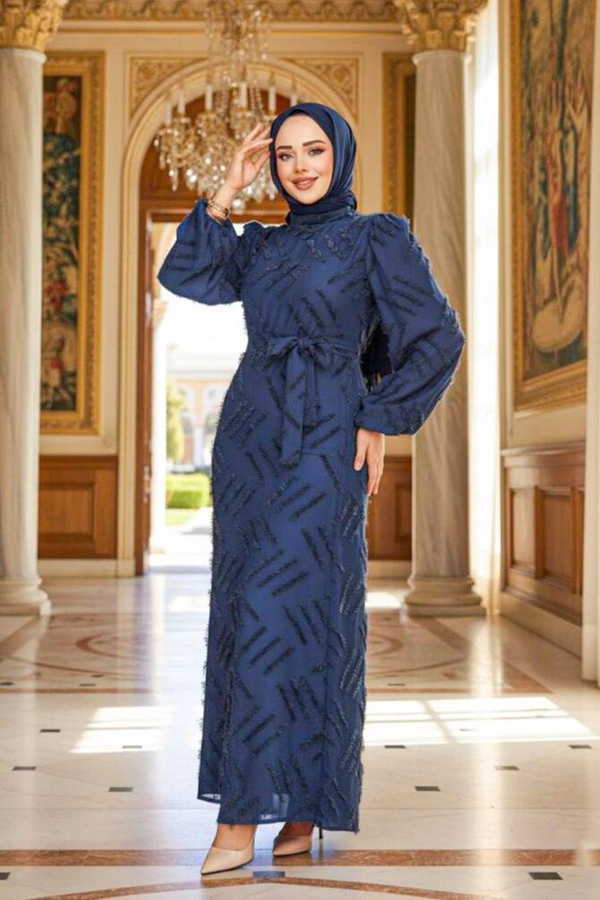 Desenli Lacivert Tesettür Elbise 5298L - 1