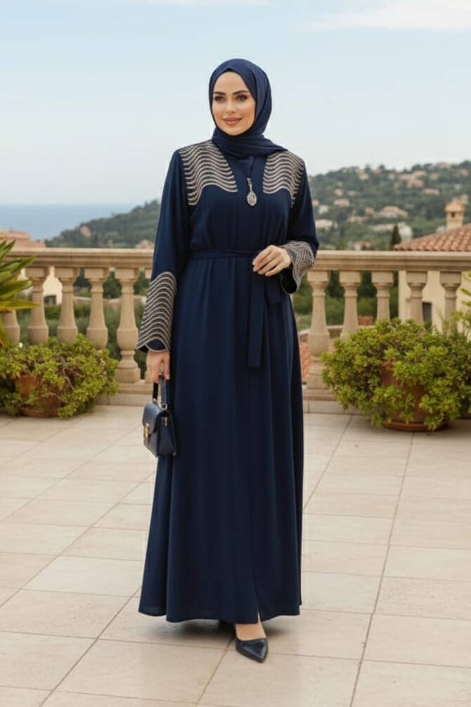 Desenli Lacivert Tesettür Ferace 29105L - 1