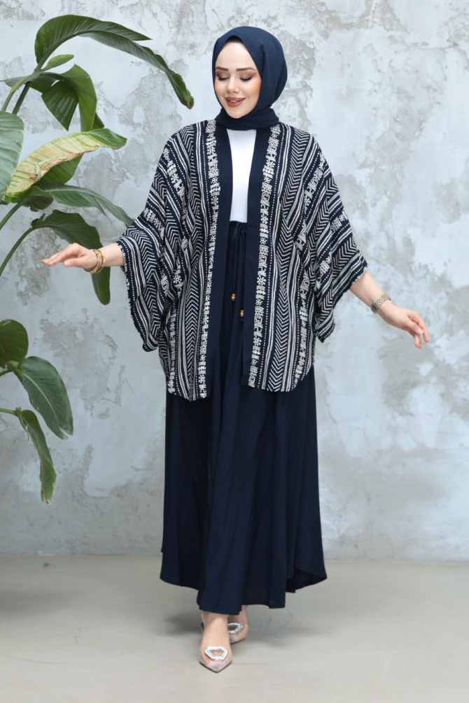 Desenli Lacivert Tesettür İkili Etekli Kimono Takım 12891L - NEVA STYLE