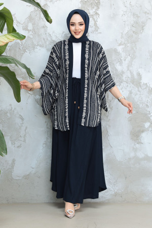 Desenli Lacivert Tesettür İkili Etekli Kimono Takım 12891L - 2