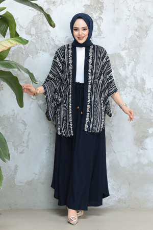Desenli Lacivert Tesettür İkili Etekli Kimono Takım 12891L - 3