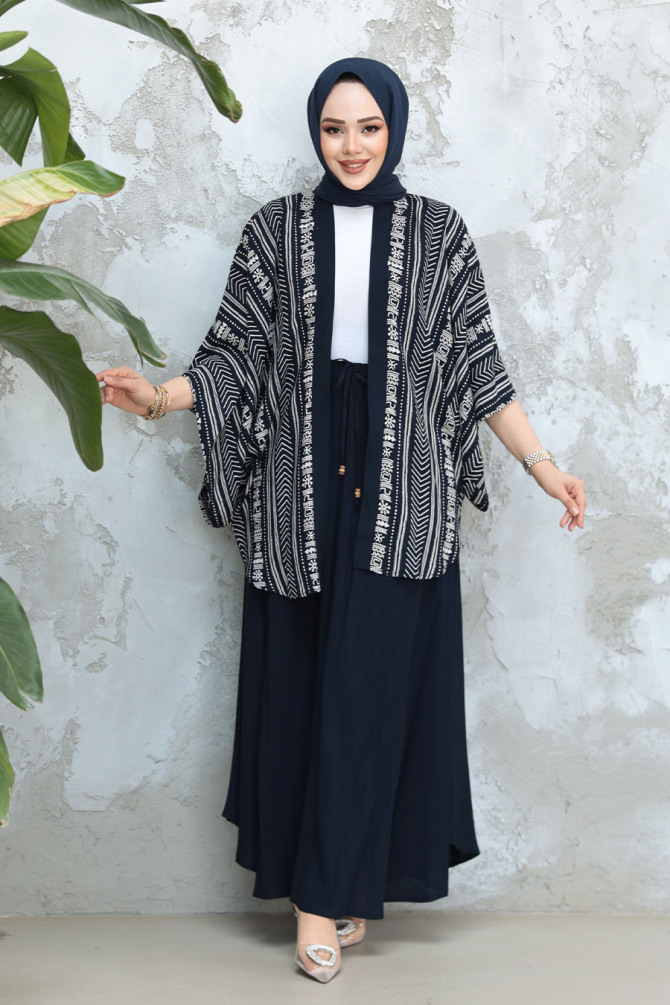 Desenli Lacivert Tesettür İkili Etekli Kimono Takım 12891L - 3