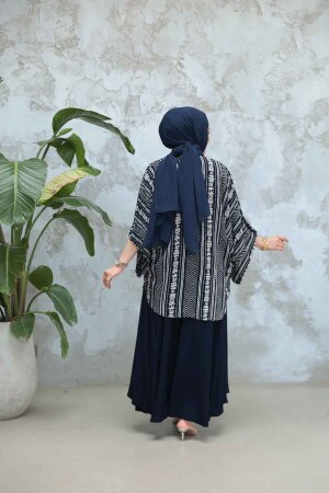 Desenli Lacivert Tesettür İkili Etekli Kimono Takım 12891L - 4
