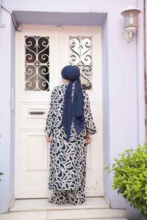 Desenli Lacivert Tesettür İkili Kimono Takım 12881L - 4