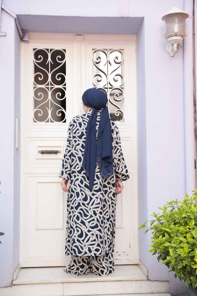 Desenli Lacivert Tesettür İkili Kimono Takım 12881L - 4