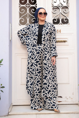 Desenli Lacivert Tesettür İkili Kimono Takım 12881L - 2