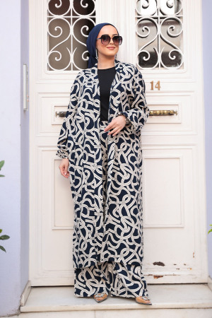 Desenli Lacivert Tesettür İkili Kimono Takım 12881L - 3