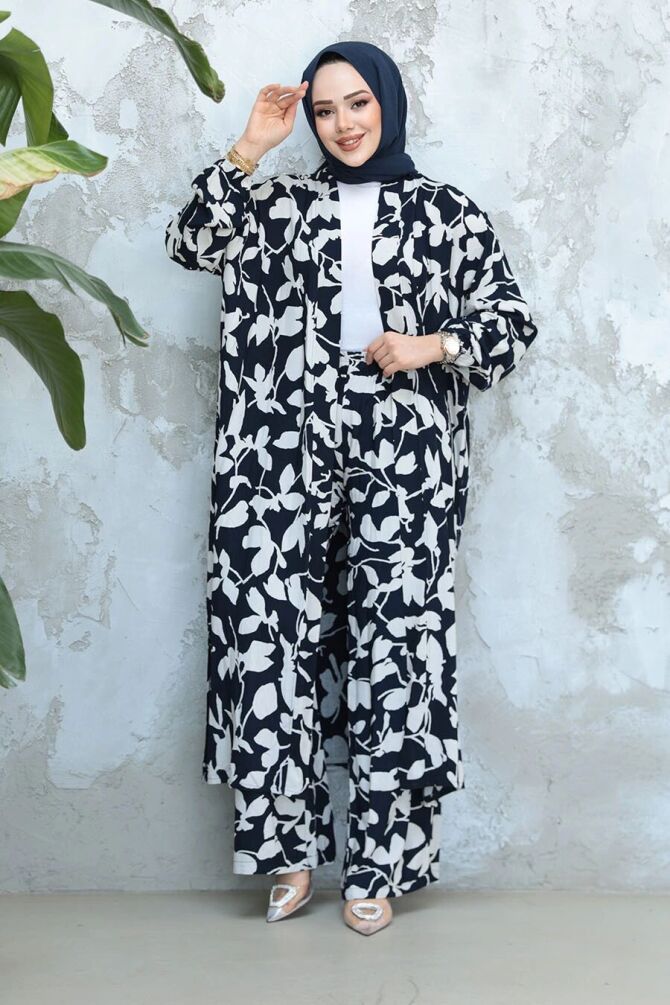 Desenli Lacivert Tesettür İkili Kimono Takım 12883L - 1