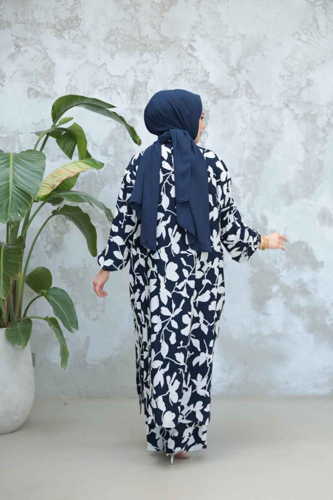 Desenli Lacivert Tesettür İkili Kimono Takım 12883L - 4