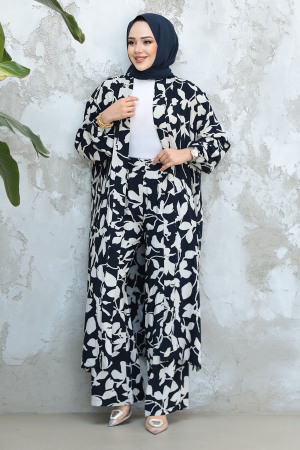 Desenli Lacivert Tesettür İkili Kimono Takım 12883L - 2