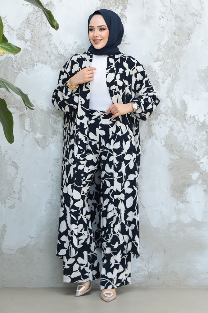 Desenli Lacivert Tesettür İkili Kimono Takım 12883L - 2