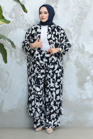 Desenli Lacivert Tesettür İkili Kimono Takım 12883L - 3