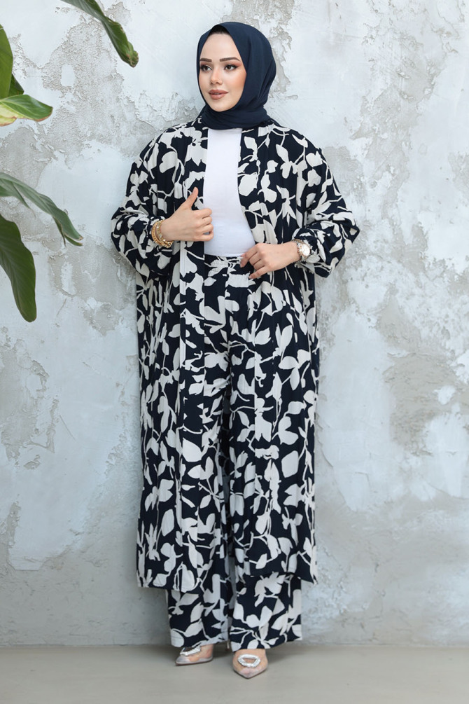 Desenli Lacivert Tesettür İkili Kimono Takım 12883L - 3
