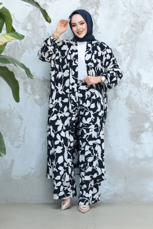 Desenli Lacivert Tesettür İkili Kimono Takım 12883L 