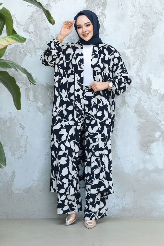 Desenli Lacivert Tesettür İkili Kimono Takım 12883L - NEVA STYLE