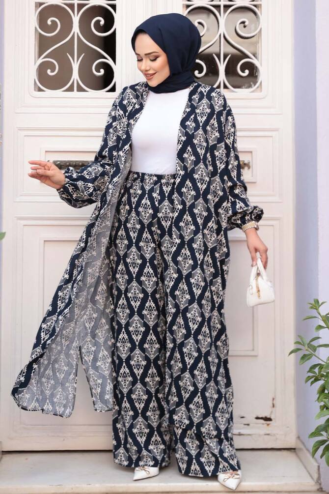 Desenli Lacivert Tesettür İkili Kimono Takım 12888L - 1
