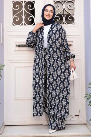 Desenli Lacivert Tesettür İkili Kimono Takım 12888L - 2