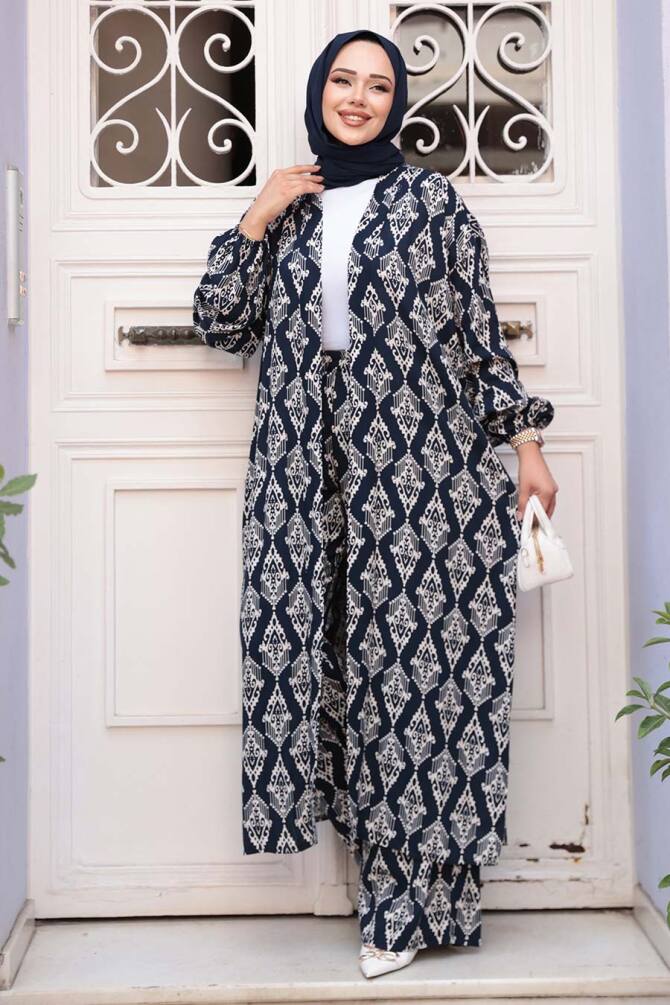 Desenli Lacivert Tesettür İkili Kimono Takım 12888L - 2