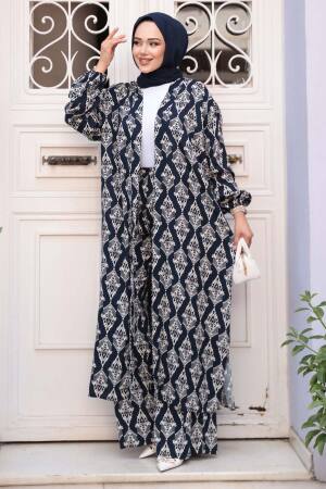 Desenli Lacivert Tesettür İkili Kimono Takım 12888L - 3
