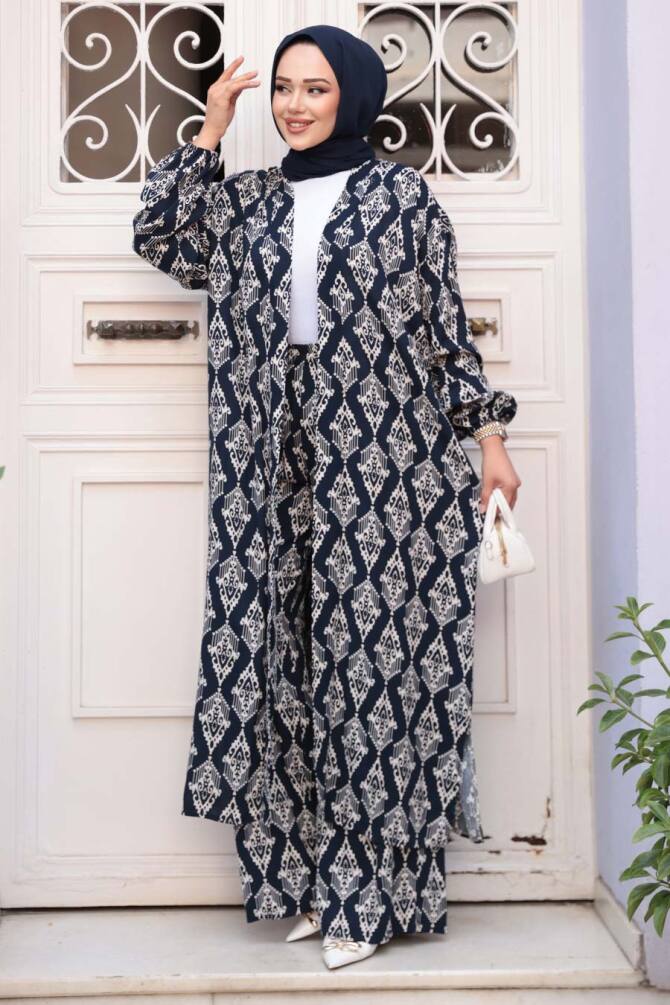 Desenli Lacivert Tesettür İkili Kimono Takım 12888L - 3