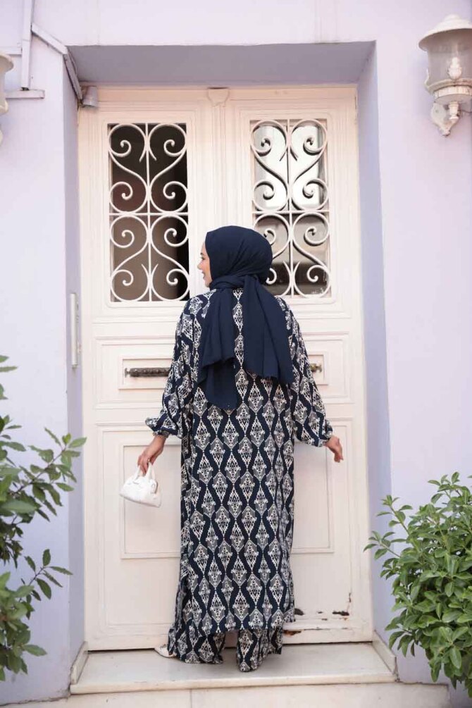 Desenli Lacivert Tesettür İkili Kimono Takım 12888L - 4