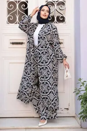 Desenli Lacivert Tesettür İkili Kimono Takım 12889L - 2