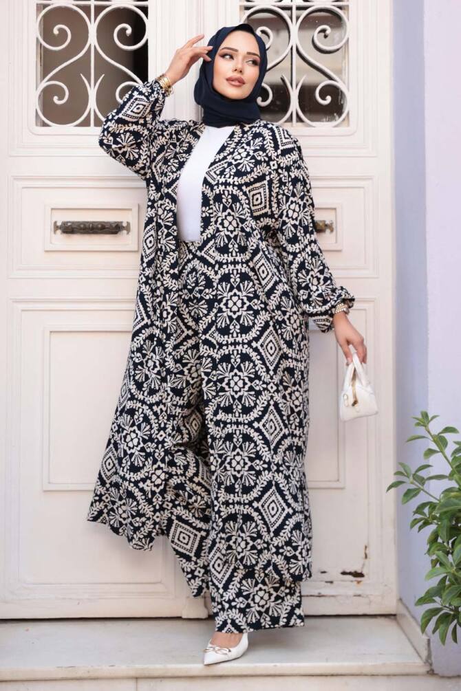 Desenli Lacivert Tesettür İkili Kimono Takım 12889L - 2