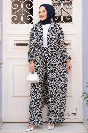 Desenli Lacivert Tesettür İkili Kimono Takım 12889L - 3
