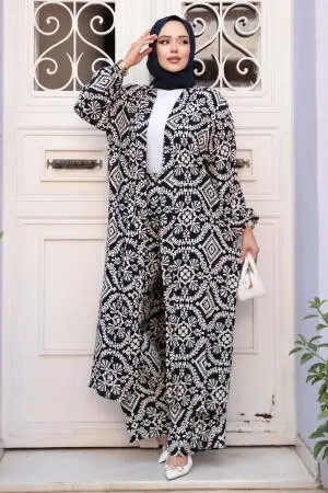 Desenli Lacivert Tesettür İkili Kimono Takım 12889L - 1