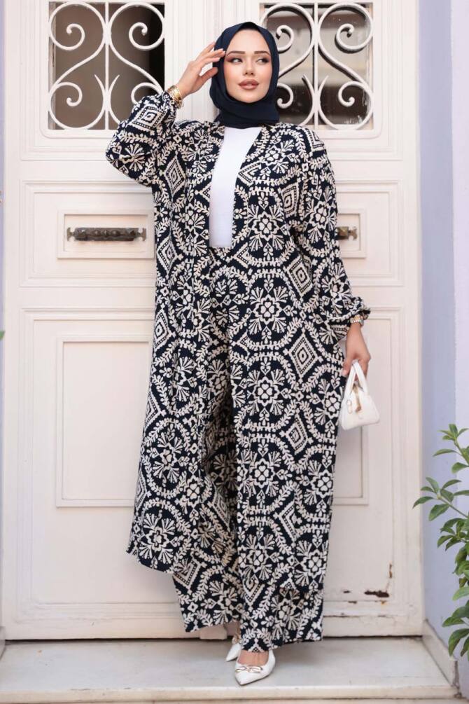 Desenli Lacivert Tesettür İkili Kimono Takım 12889L - 1