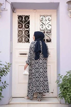 Desenli Lacivert Tesettür İkili Kimono Takım 12889L - 4