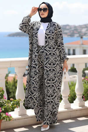 Desenli Lacivert Tesettür İkili Kimono Takım 12889L 