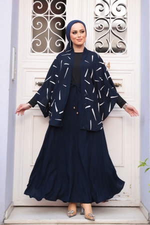 Desenli Lacivert Tesettür İkili Kimono Takım 12892L - 1