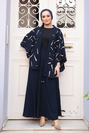 Desenli Lacivert Tesettür İkili Kimono Takım 12892L - 2
