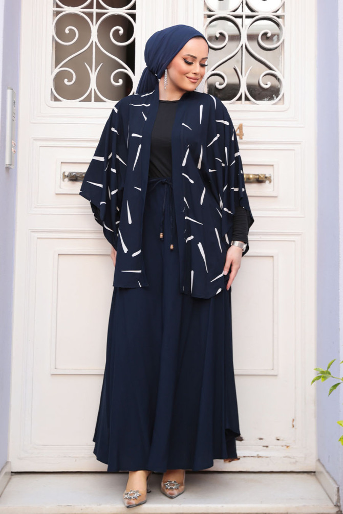 Desenli Lacivert Tesettür İkili Kimono Takım 12892L - 3