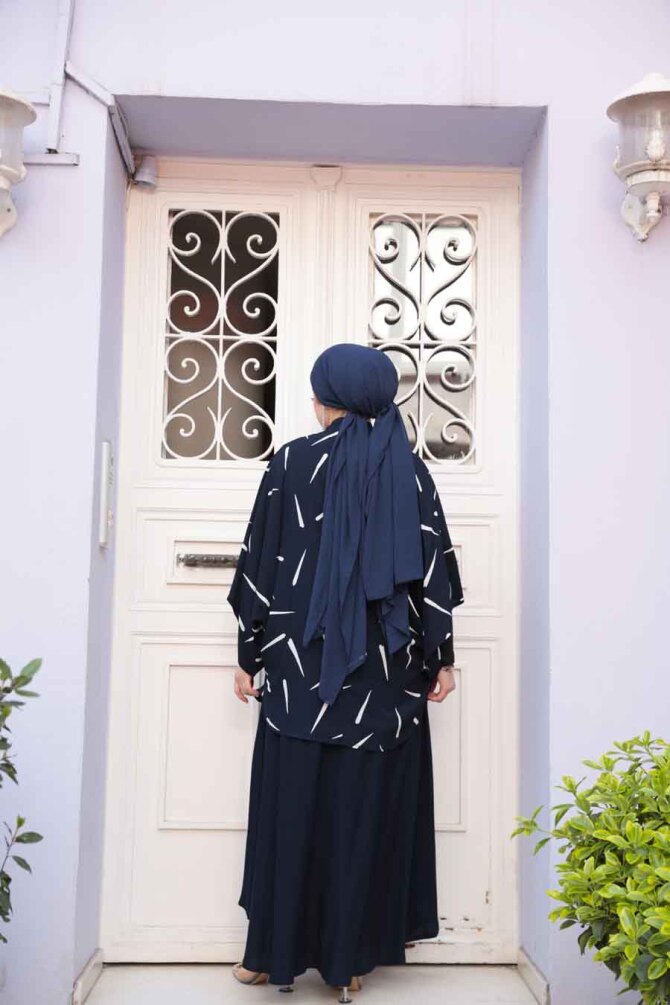 Desenli Lacivert Tesettür İkili Kimono Takım 12892L - 4