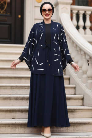 Desenli Lacivert Tesettür İkili Kimono Takım 12892L 