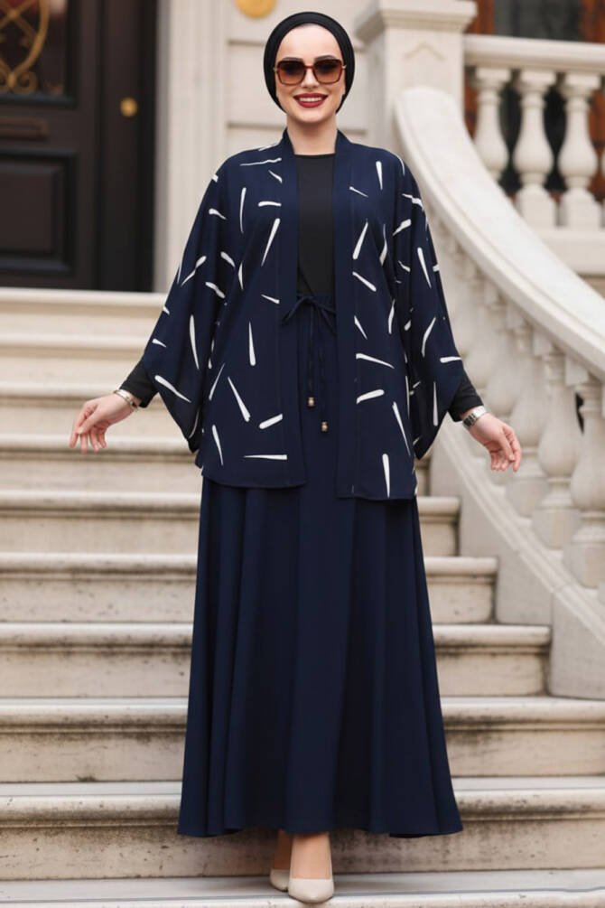 Desenli Lacivert Tesettür İkili Kimono Takım 12892L - 1