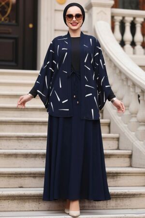 Desenli Lacivert Tesettür İkili Kimono Takım 12892L 