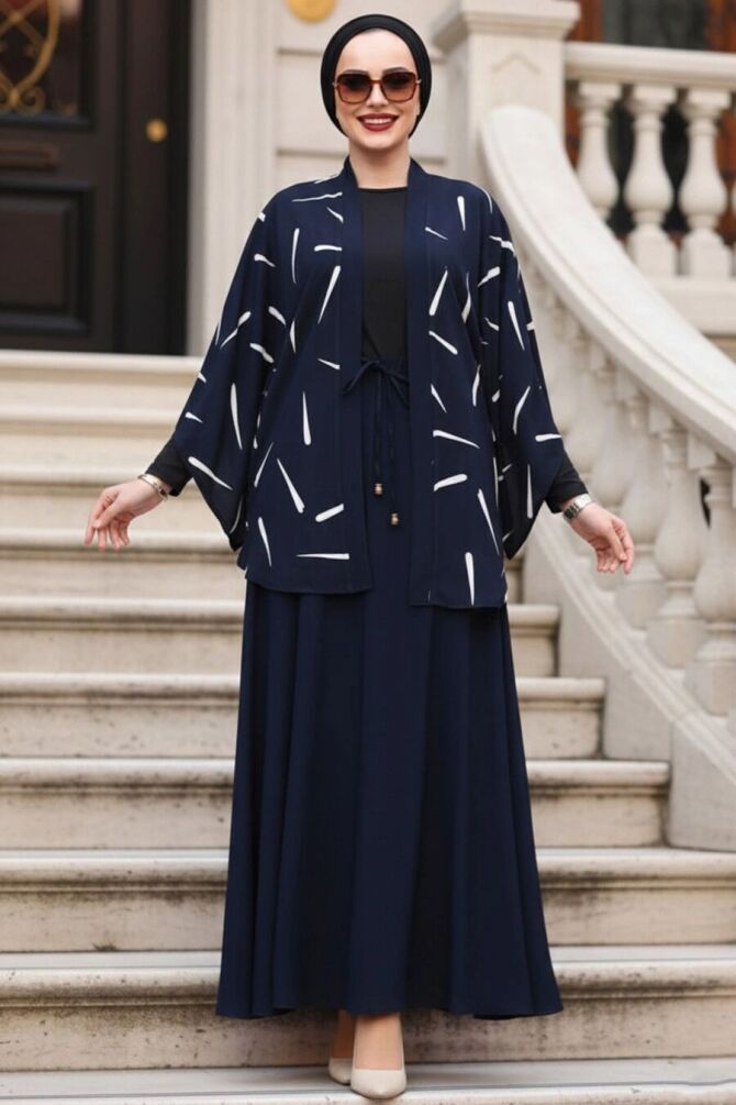 Desenli Lacivert Tesettür İkili Kimono Takım 12892L - 1